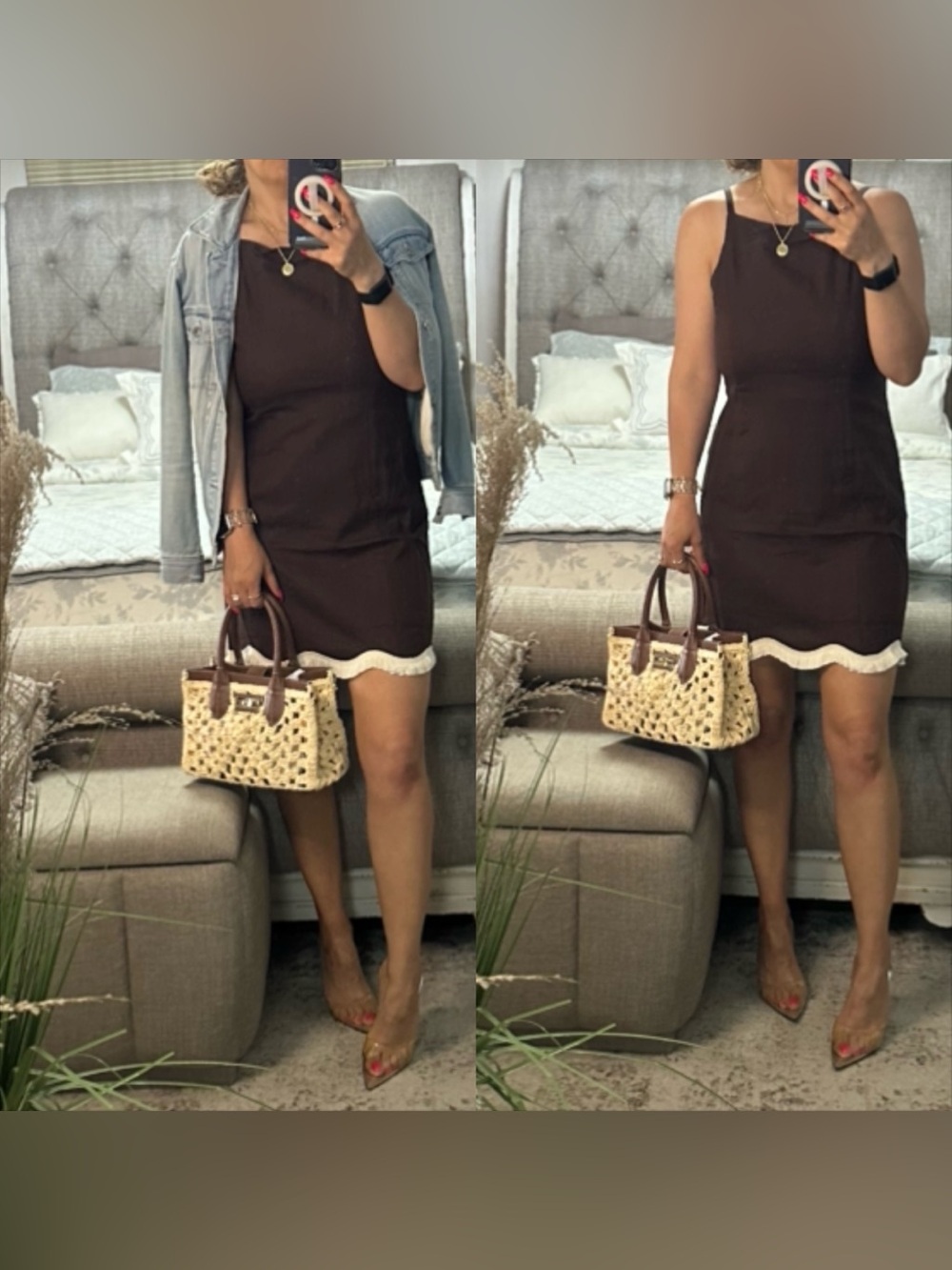 New🩷 Chocolate Linen Blend Fringe Hem Sheath Dress Effortless Chic
